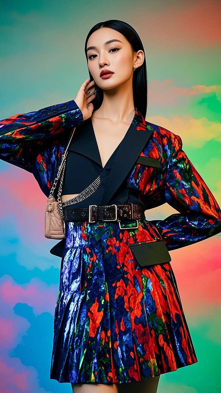 Donna alla moda in un abito colorato che posa contro uno sfondo astratto vibrante