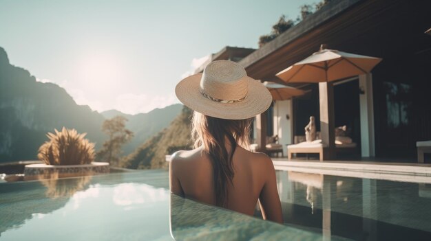 Donna alla piscina infinita durante il tramonto