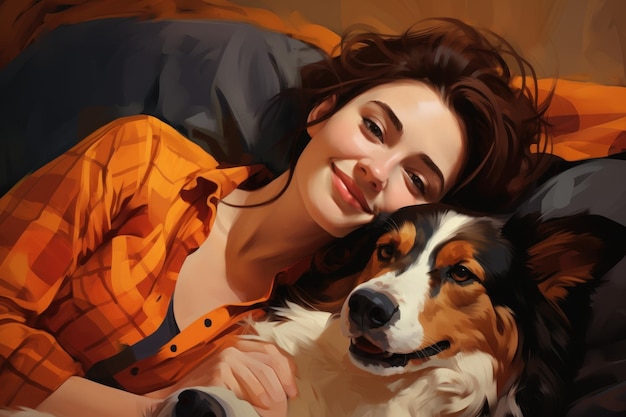 donna allegra che abbraccia l'amato cane da compagnia a casa sul divano migliore amico concetto di amicizia IA generativa