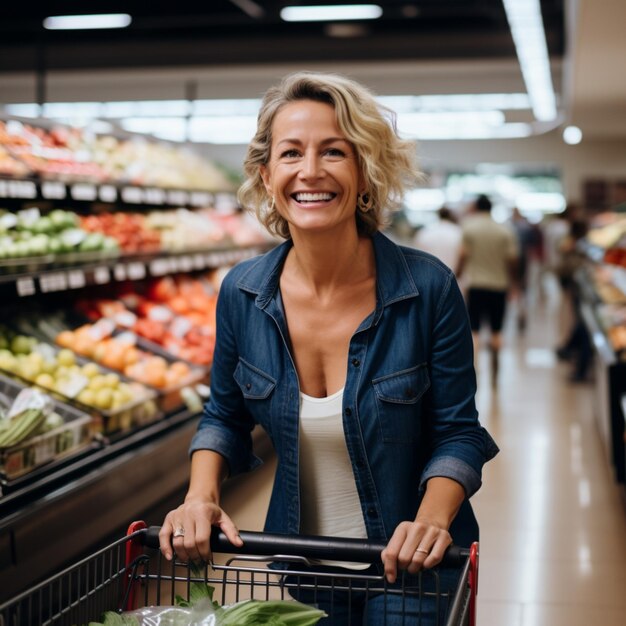 Donna allegra che fa la spesa con un sorriso