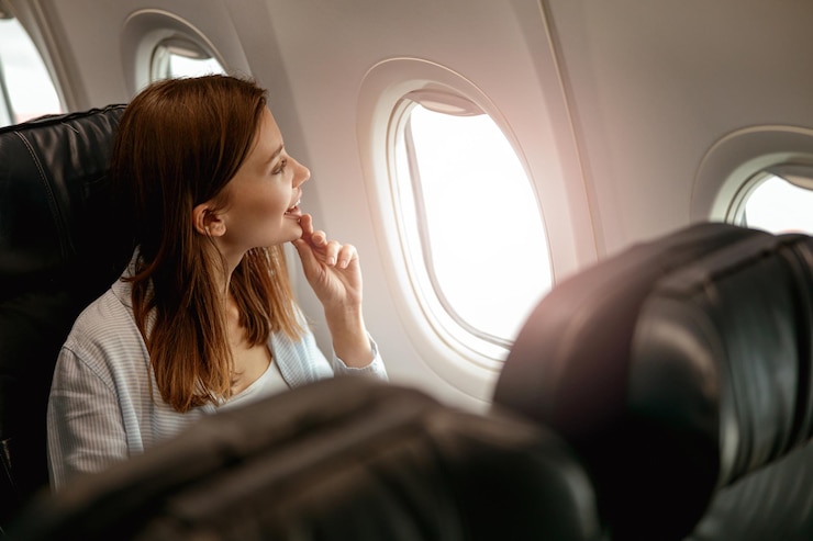 Donna allegra che guarda fuori dalla finestra in aereo
