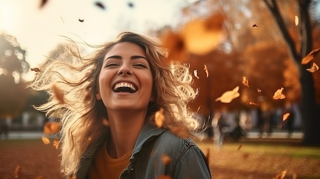 Donna allegra che si diverte a lanciare foglie in autunno