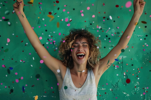 Donna allegra con i confetti che si diverte davanti al muro verde