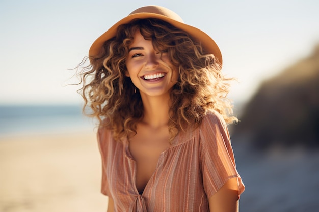 Donna allegra con un bel sorriso in riva al mare Signora allegra con una giornata di sole Idea di benessere con una donna che ridacchia all'aperto