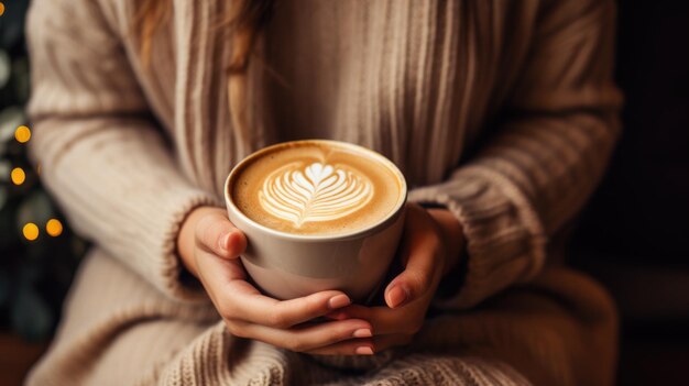 Donna alta e leggera in un accogliente maglione caldo che tiene una tazza di caffè con l'arte del latte
