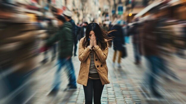 Donna angosciata in piedi in una strada trafficata che si copre la faccia con le mani con il mondo intorno a lei sfocato in movimento