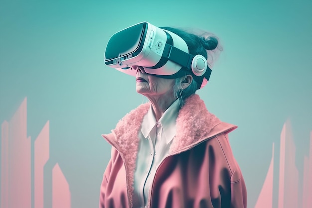 Donna anziana ai generativa che utilizza occhiali 3D vr