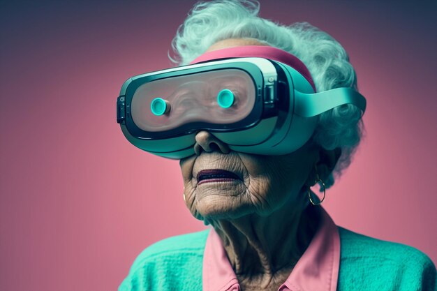 Donna anziana ai generativa che utilizza occhiali 3D vr