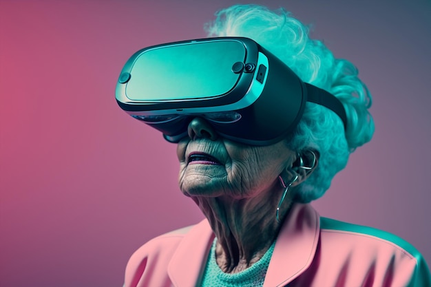 Donna anziana ai generativa che utilizza occhiali 3D vr