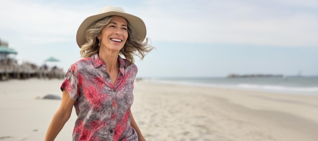 donna anziana allegra che cammina sulla spiaggia AI generativa