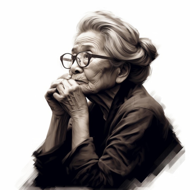 Donna anziana asiatica nel pensiero e dubbi illustrazione monocromatica Personaggio femminile con volto sognante su sfondo astratto Ai generato poster schizzo in bianco e nero