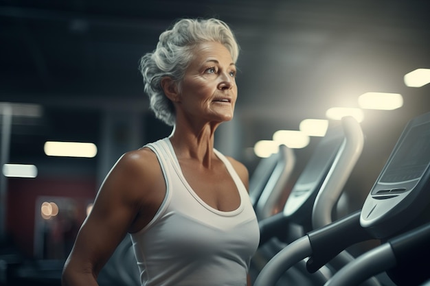 Donna anziana atletica su un tapis roulant in una palestra che fa cardio prima dell'allenamento