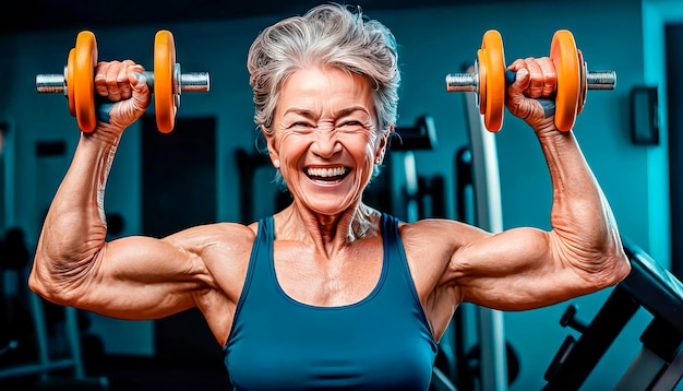 Donna anziana attiva e felice che fa sport in palestra