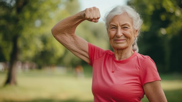 Donna anziana celebra la sua sfida di fitness con uno spazio vuoto e uno sfondo esterno AI generativa