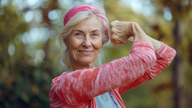 Donna anziana celebra la sua sfida di fitness con uno spazio vuoto e uno sfondo esterno AI generativa