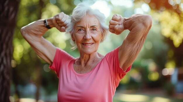 Donna anziana celebra la sua sfida di fitness con uno spazio vuoto e uno sfondo esterno AI generativa