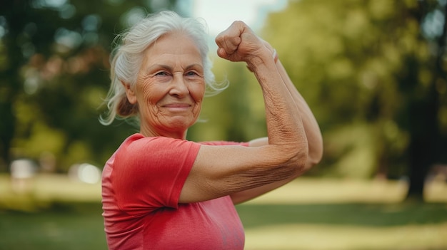 Donna anziana celebra la sua sfida di fitness con uno spazio vuoto e uno sfondo esterno AI generativa