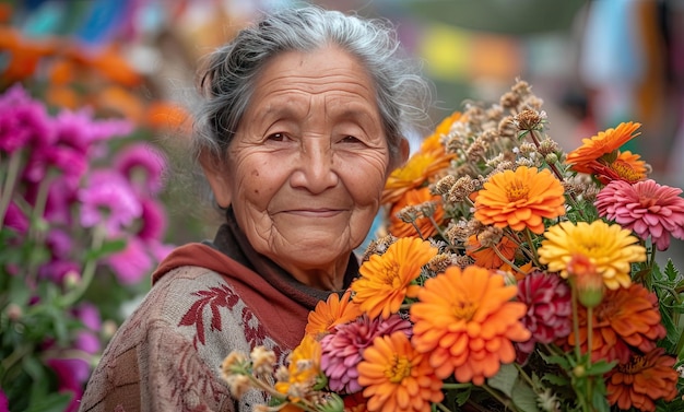 Donna anziana che abbraccia un mazzo di fiori