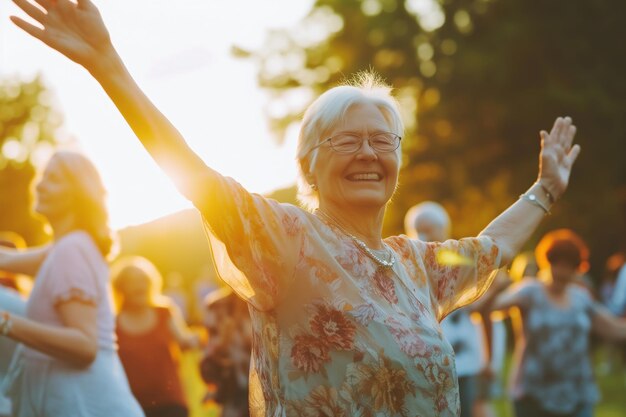 Donna anziana che balla con i suoi amici ad una riunione nel parco