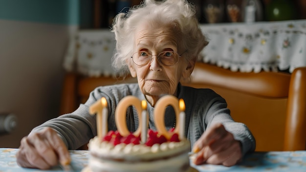 Donna anziana che celebra un secolo di vita riscaldante 100° compleanno occasione gioiosa con torta e candele AI