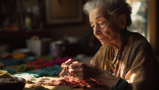 Donna anziana che cuce lana fatta in casa felicità artigianale generata da AI