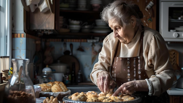 Donna anziana che cucina in una cucina rustica ambientando una cucina tradizionale atmosfera casalinga catturata nella luce naturale scena culinaria nostalgica AI