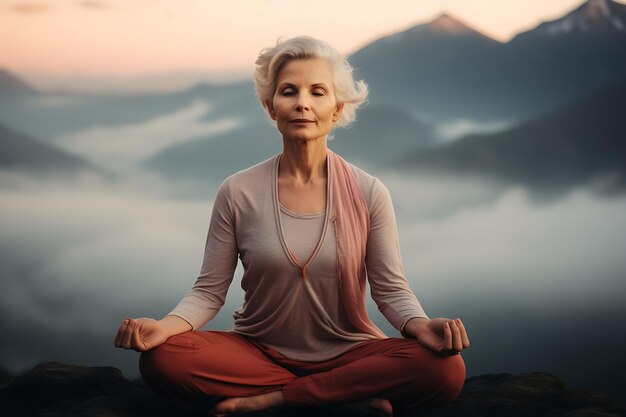 Donna anziana che fa esercizi di yoga con le montagne dietro di sé