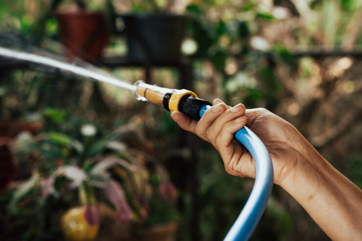 Donna anziana che innaffia il giardino.
