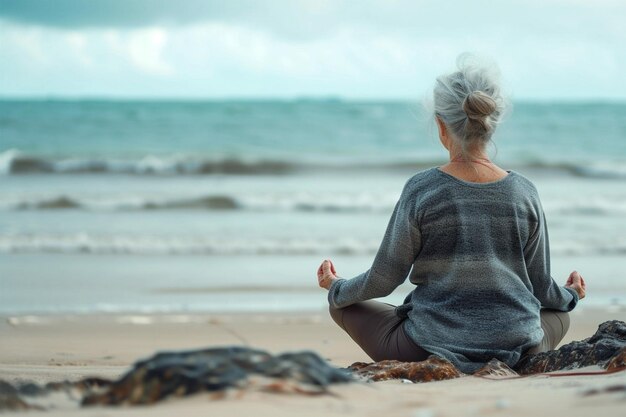 Donna anziana che medita sulla spiaggia dell'oceano