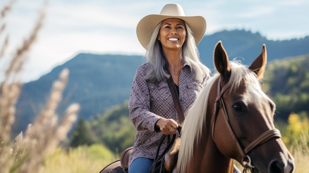 donna anziana che monta un cavallo