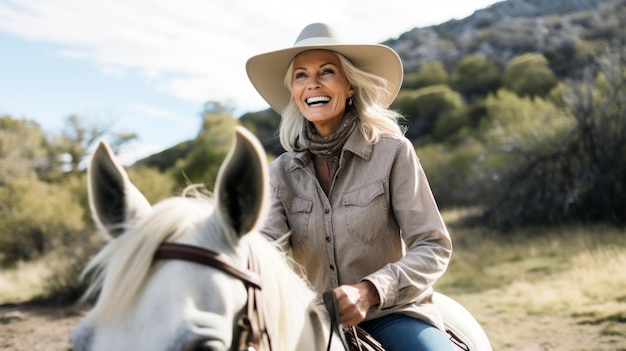 donna anziana che monta un cavallo