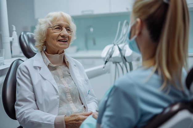 Donna anziana che parla con il suo dentista durante l'appuntamento alla clinica dentale.