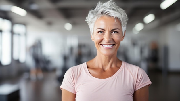 Donna anziana che posa in palestra con un sorriso fiducioso che guarda l'obbiettivo