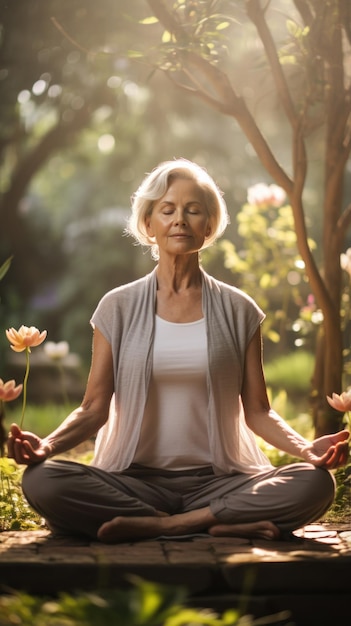 Donna anziana che pratica yoga in un tranquillo giardino