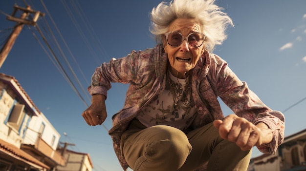 Donna anziana che salta con uno skateboard Generative Ai