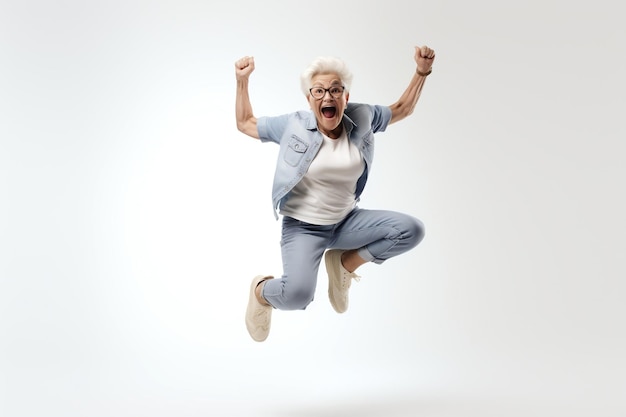 Donna anziana che salta di gioia su uno sfondo bianco AI generativa