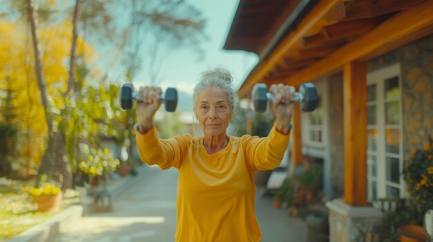 Donna anziana che si esercita con i manubri all'aperto vicino a casa abbraccia uno stile di vita sano