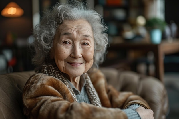 donna anziana che sorride mentre era seduta sul divano