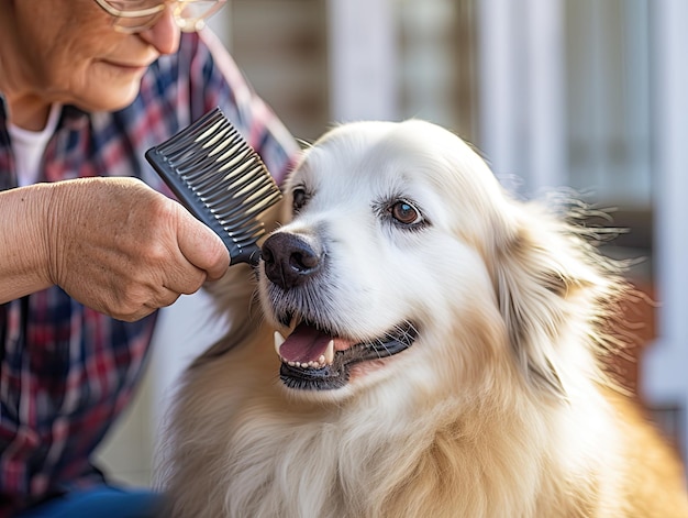 Donna anziana che spazzola un cane con un pennello a casa