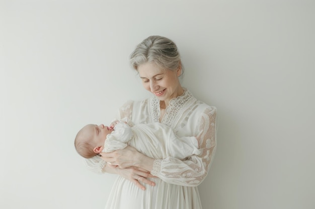 donna anziana che tiene in braccio un neonato concetto di genitorialità