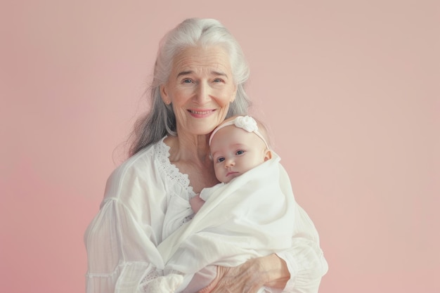 donna anziana che tiene in braccio un neonato concetto di genitorialità