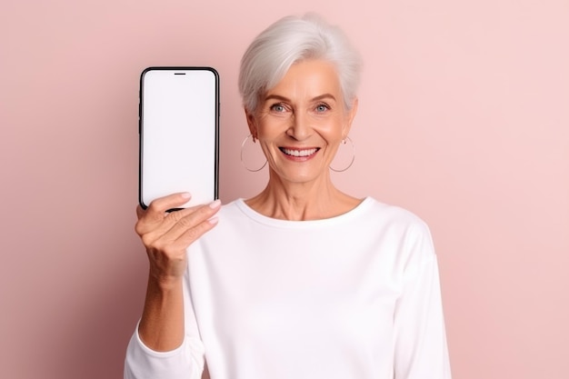 donna anziana che utilizza un'app mobile sul suo modello di smartphone con intelligenza artificiale generativa