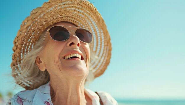 Donna anziana con gli occhiali da sole e un cappello che sorride contro il mare Il concetto di rilassamento