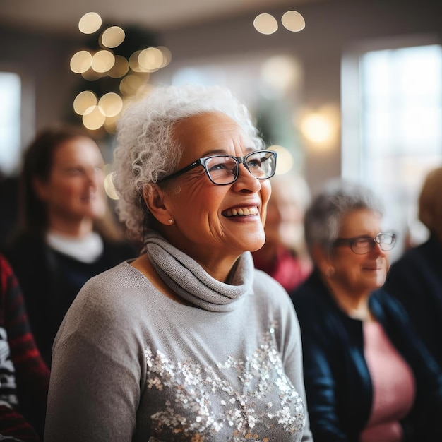 Donna anziana con gli occhiali sorridente a una festa