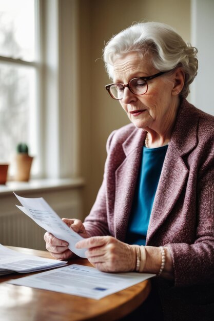 Donna anziana con i documenti che compila i moduli che legge le fatture