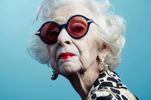 donna anziana con occhiali da sole sullo sfondo blu