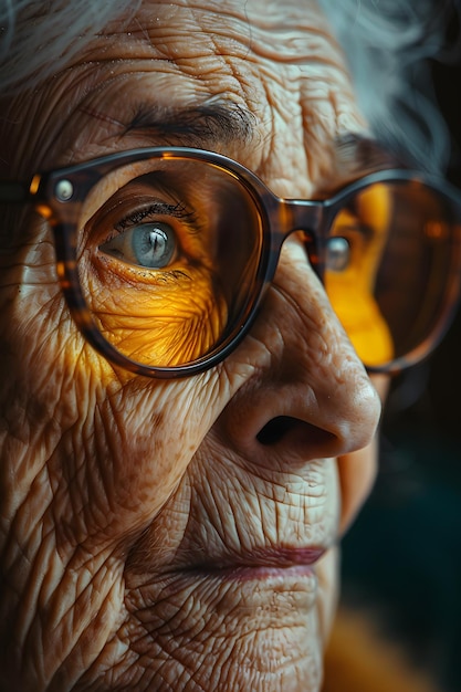 Donna anziana con occhiali, rughe e un sorriso in un autoritratto