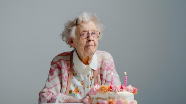 Donna anziana con una torta di compleanno che si prepara a celebrare un dolce momento di gioia ritratto di stile di vita contemporaneo AI