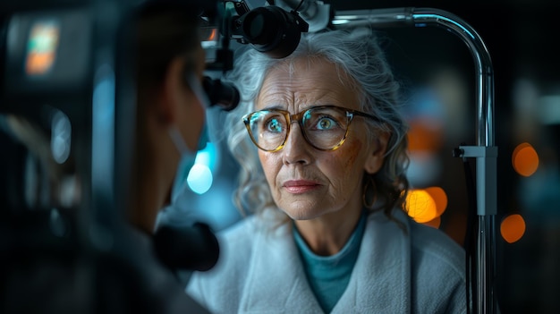 Donna anziana durante il test della pressione oculare con un oftalmologo