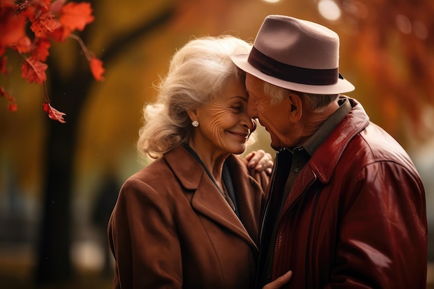 donna anziana e uomo si abbracciano e si baciano
